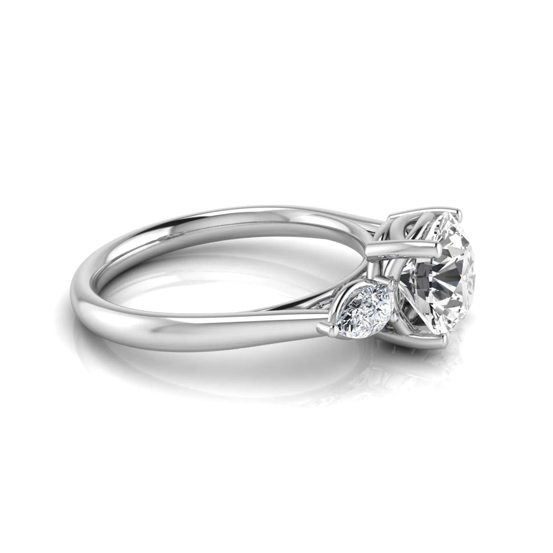 OctaPearl 2 ct Round Cut Lab Grown Diamond Three Stone Engagement Ring with Pear Side Diamonds