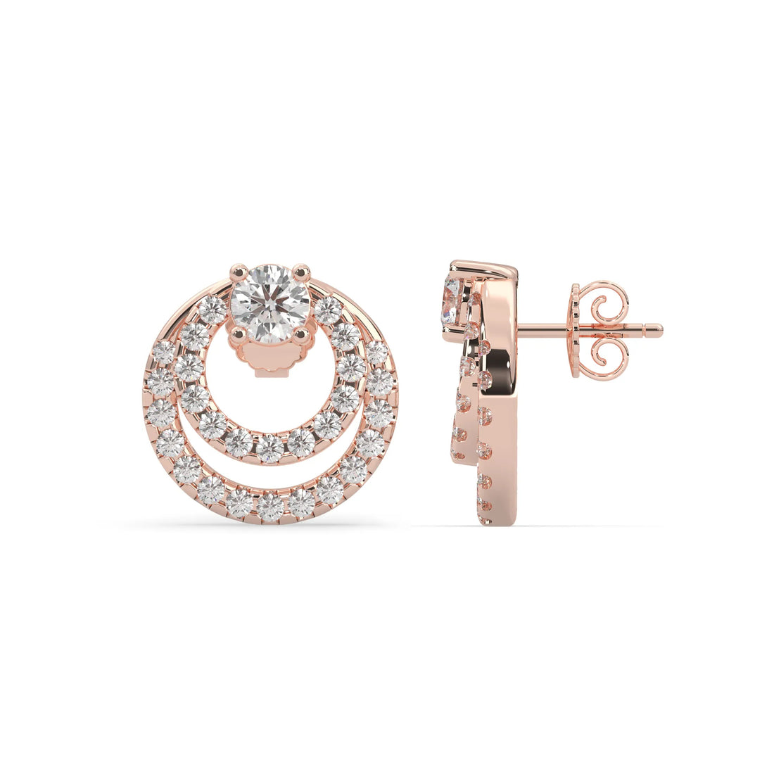 OctaPearl Round Prong Set Lab Grown Diamond Double Circle Stud Earrings - Rose Gold