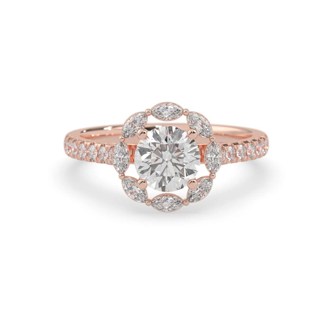 OctaPearl 1 Round Lab Grown Diamond Floral Halo Pave Engagement Ring