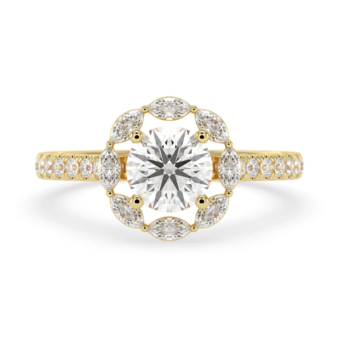 OctaPearl 1 Round Lab Grown Diamond Floral Halo Pave Engagement Ring