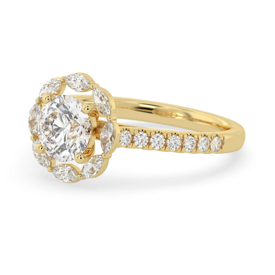 OctaPearl 1 Round Lab Grown Diamond Floral Halo Pave Engagement Ring