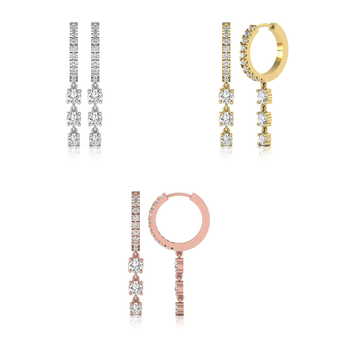 OctaPearl Round Lab Grown Diamond Three-Stone Drop Hoop Earrings