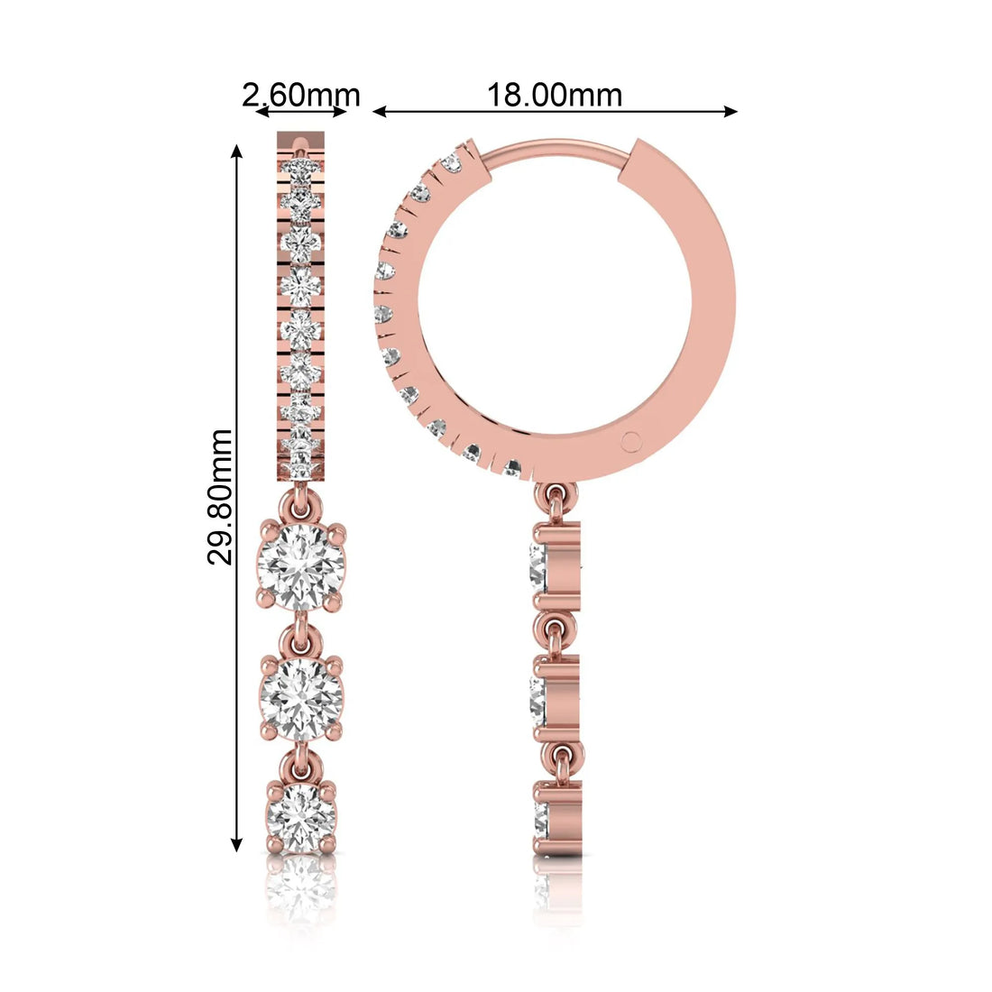 OctaPearl Round Lab Grown Diamond Three-Stone Drop Hoop Earrings
