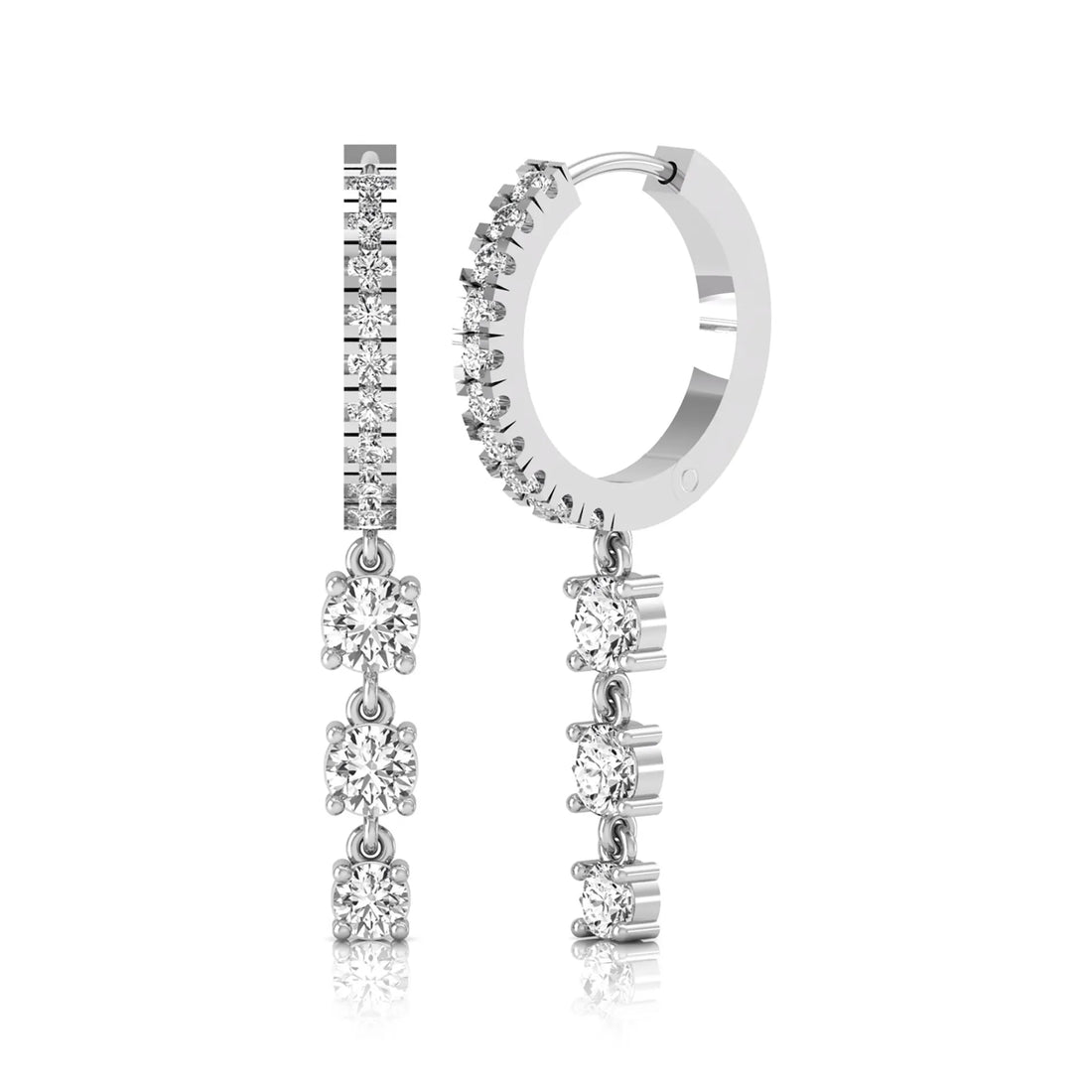 OctaPearl Round Lab Grown Diamond Three-Stone Drop Hoop Earrings