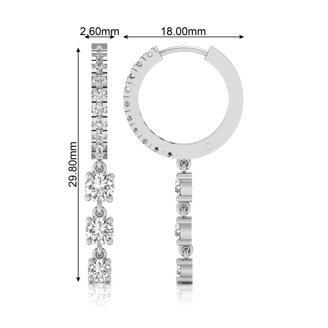 OctaPearl Round Lab Grown Diamond Three-Stone Drop Hoop Earrings