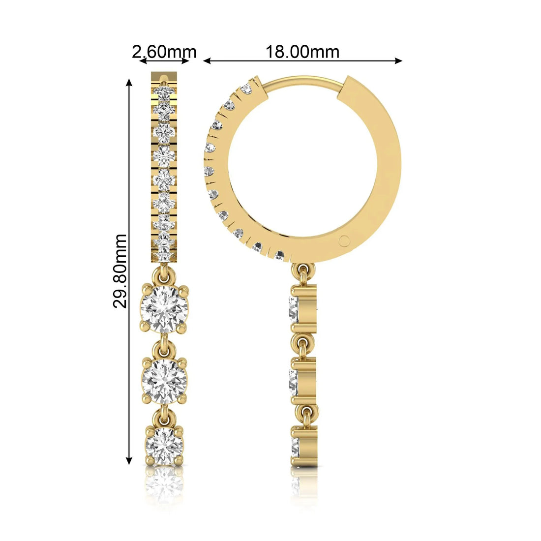 OctaPearl Round Lab Grown Diamond Three-Stone Drop Hoop Earrings