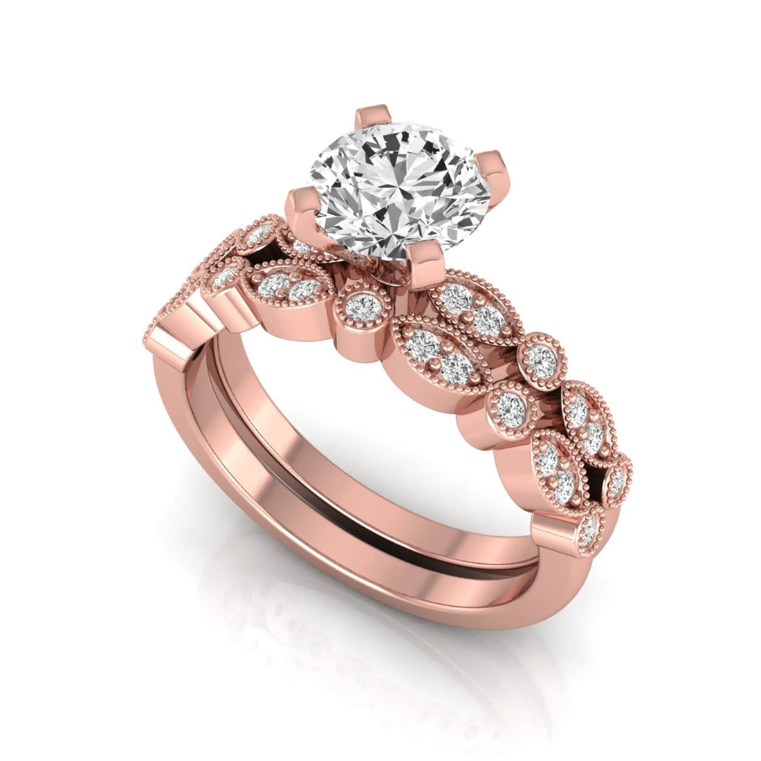 OctaPearl 1.5 ct Round Milgrain Vintage Lab Grown Diamond Bridal Ring Set