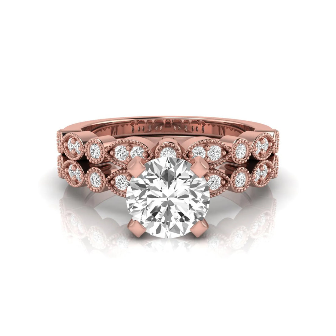 OctaPearl 1.5 ct Round Milgrain Vintage Lab Grown Diamond Bridal Ring Set