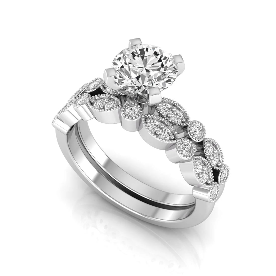 OctaPearl 1.5 ct Round Milgrain Vintage Lab Grown Diamond Bridal Ring Set