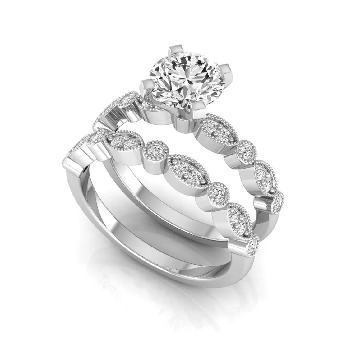 OctaPearl 1.5 ct Round Milgrain Vintage Lab Grown Diamond Bridal Ring Set