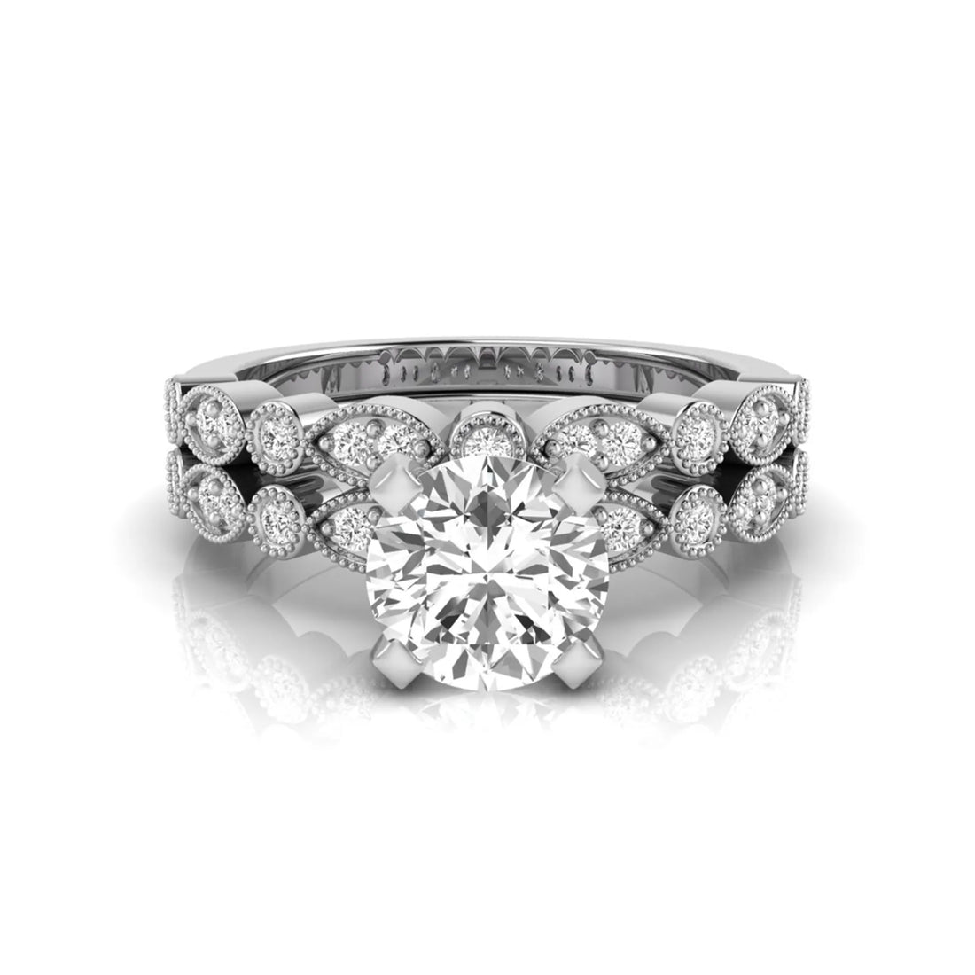 OctaPearl 1.5 ct Round Milgrain Vintage Lab Grown Diamond Bridal Ring Set