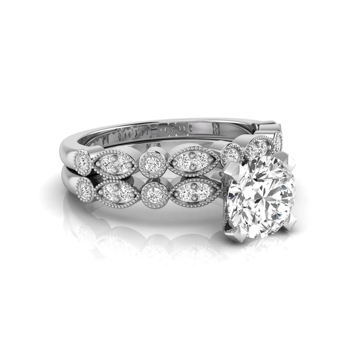 OctaPearl 1.5 ct Round Milgrain Vintage Lab Grown Diamond Bridal Ring Set