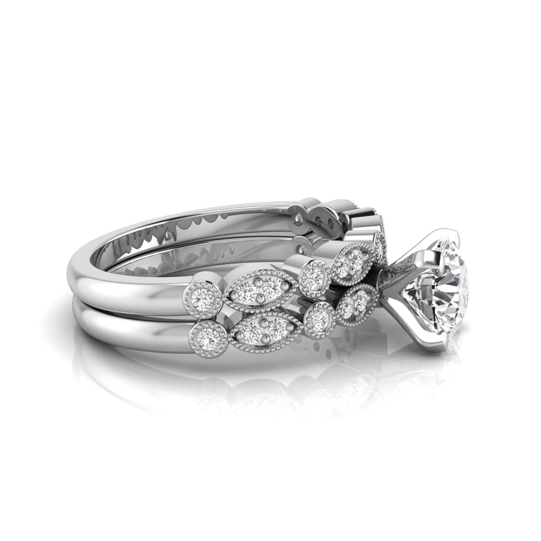 OctaPearl 1.5 ct Round Milgrain Vintage Lab Grown Diamond Bridal Ring Set