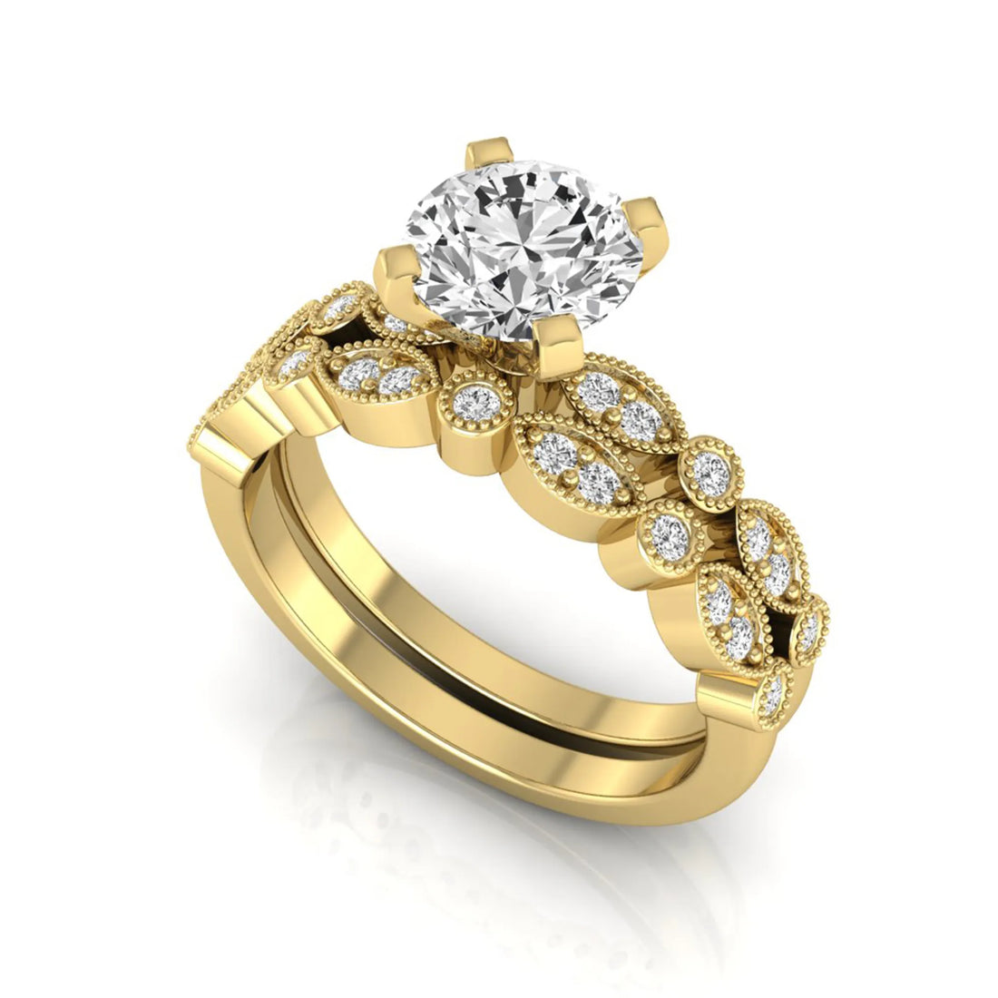 OctaPearl 1.5 ct Round Milgrain Vintage Lab Grown Diamond Bridal Ring Set