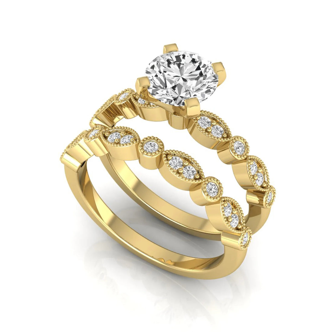 OctaPearl 1.5 ct Round Milgrain Vintage Lab Grown Diamond Bridal Ring Set