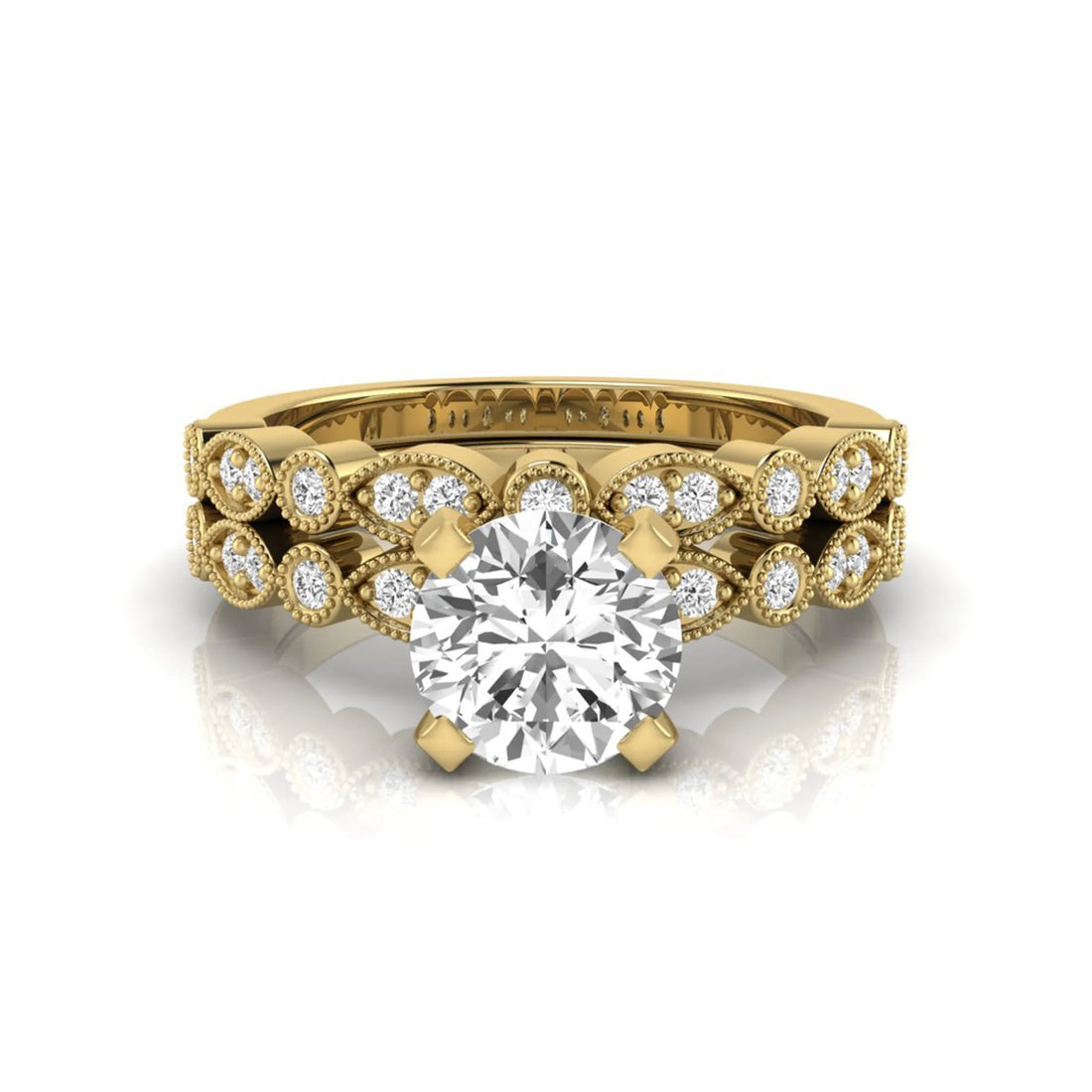 OctaPearl 1.5 ct Round Milgrain Vintage Lab Grown Diamond Bridal Ring Set