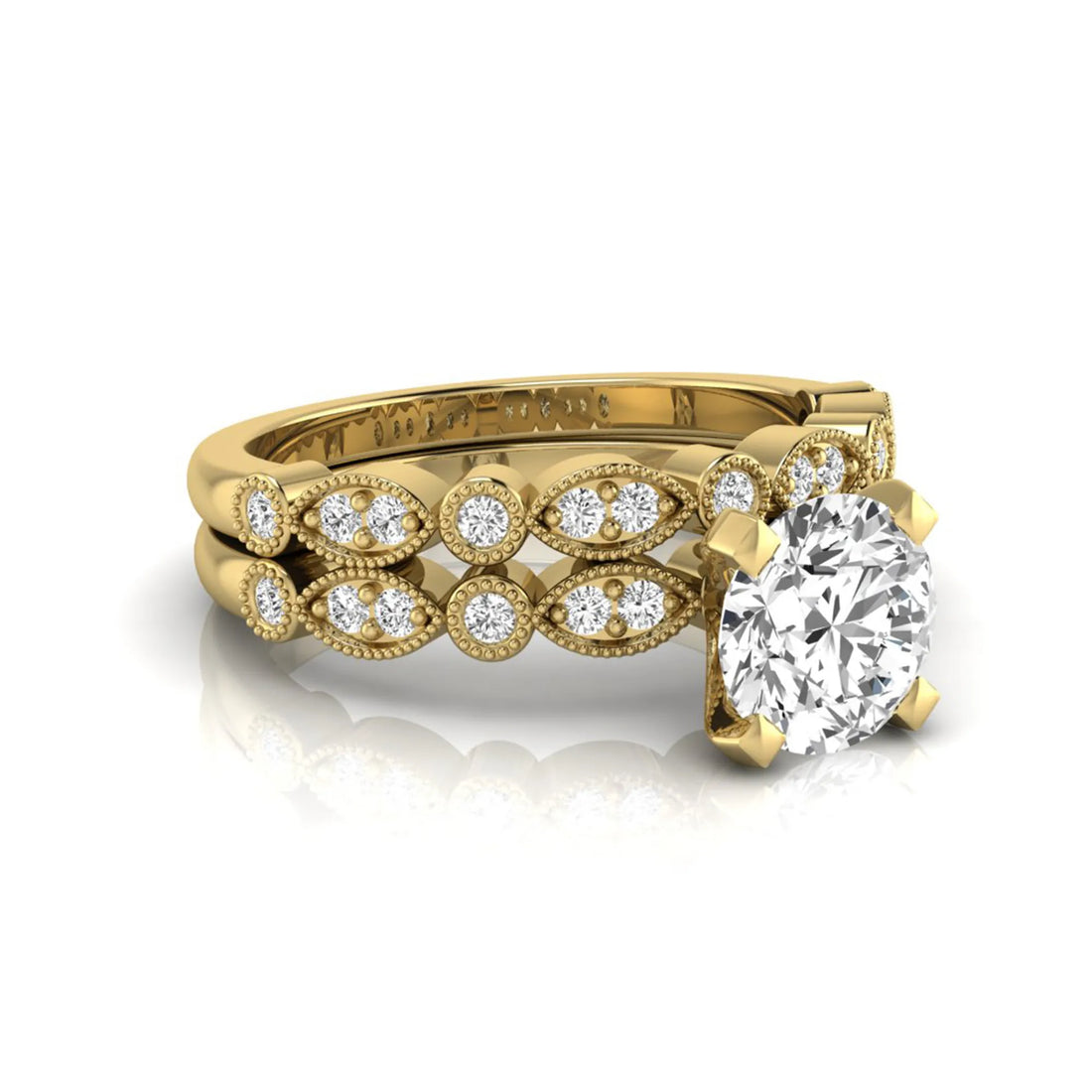 OctaPearl 1.5 ct Round Milgrain Vintage Lab Grown Diamond Bridal Ring Set