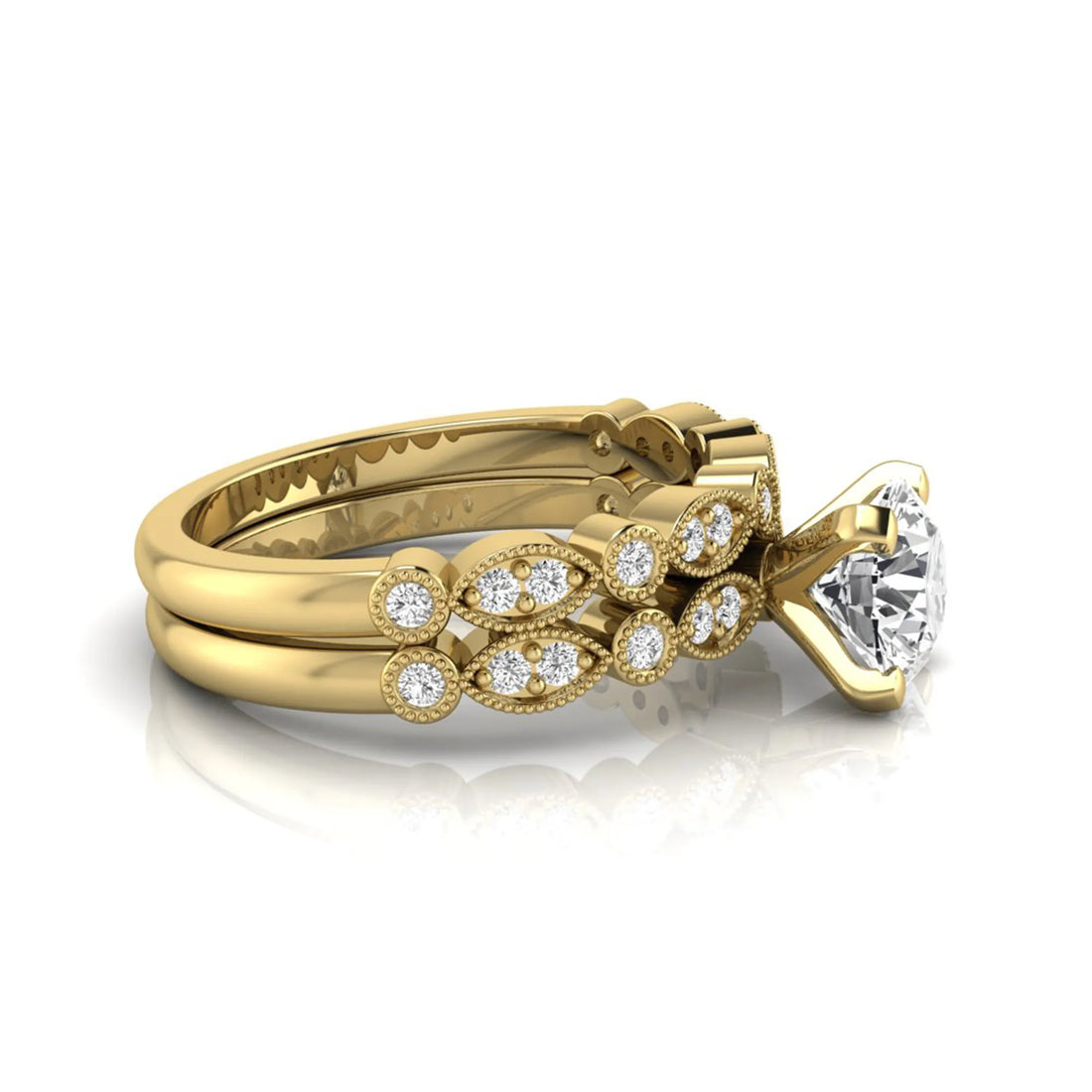 OctaPearl 1.5 ct Round Milgrain Vintage Lab Grown Diamond Bridal Ring Set