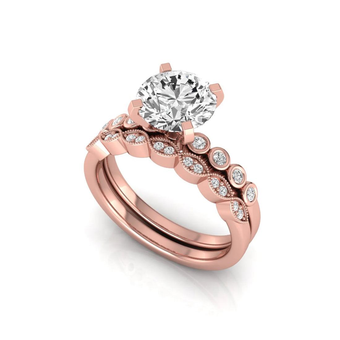 OctaPearl 2 ct Round Side Stone Lab Grown Diamond Bridal Ring Set
