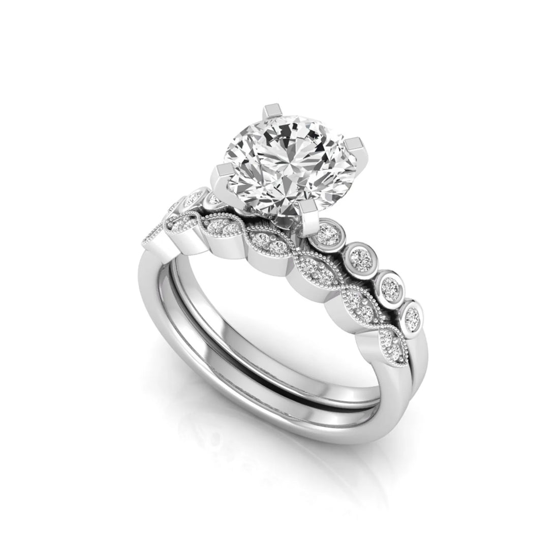 OctaPearl 2 ct Round Side Stone Lab Grown Diamond Bridal Ring Set