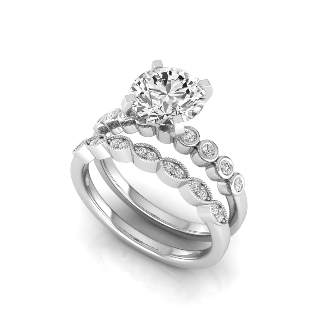 OctaPearl 2 ct Round Side Stone Lab Grown Diamond Bridal Ring Set