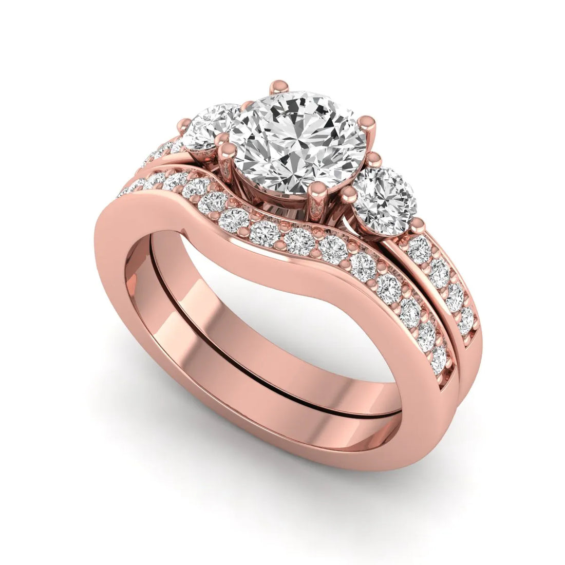 OctaPearl 1 ct Round Cut Three Stone Lab Grown Diamond Bridal Ring Set