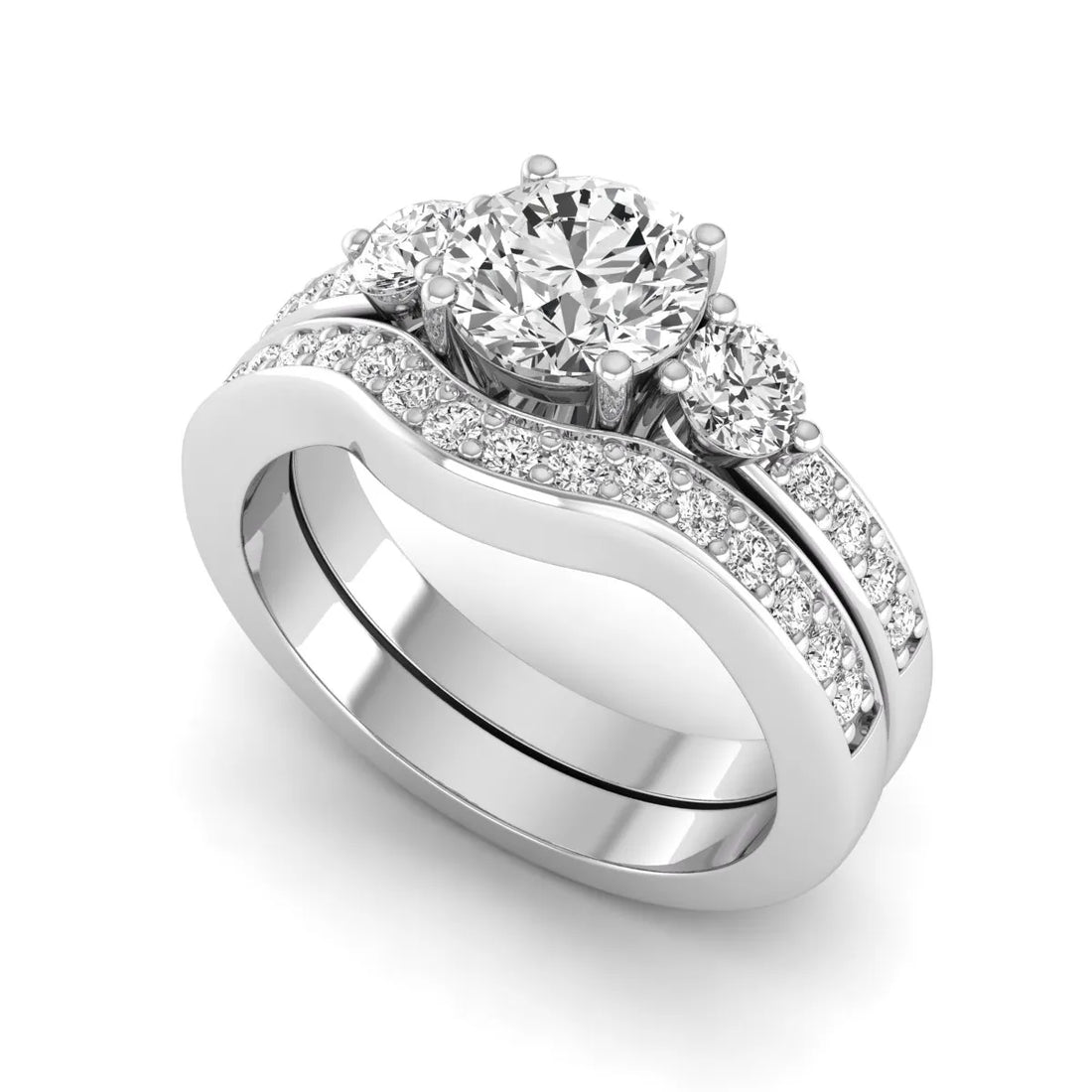 OctaPearl 1 ct Round Cut Three Stone Lab Grown Diamond Bridal Ring Set