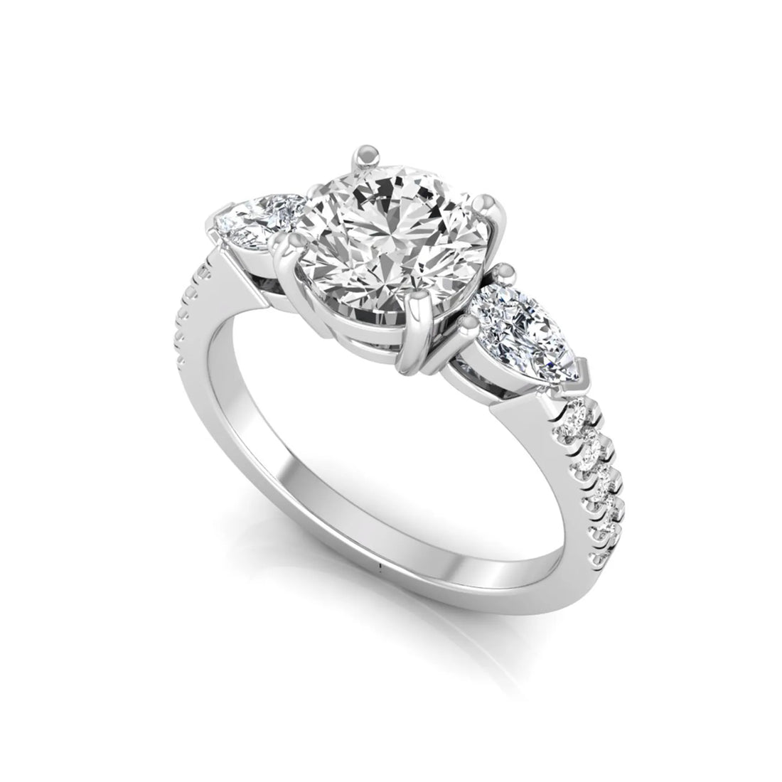 OctaPearl 1.5 ct Round Three Stone Lab Grown Diamond Engagement Ring with Pear Side Diamonds