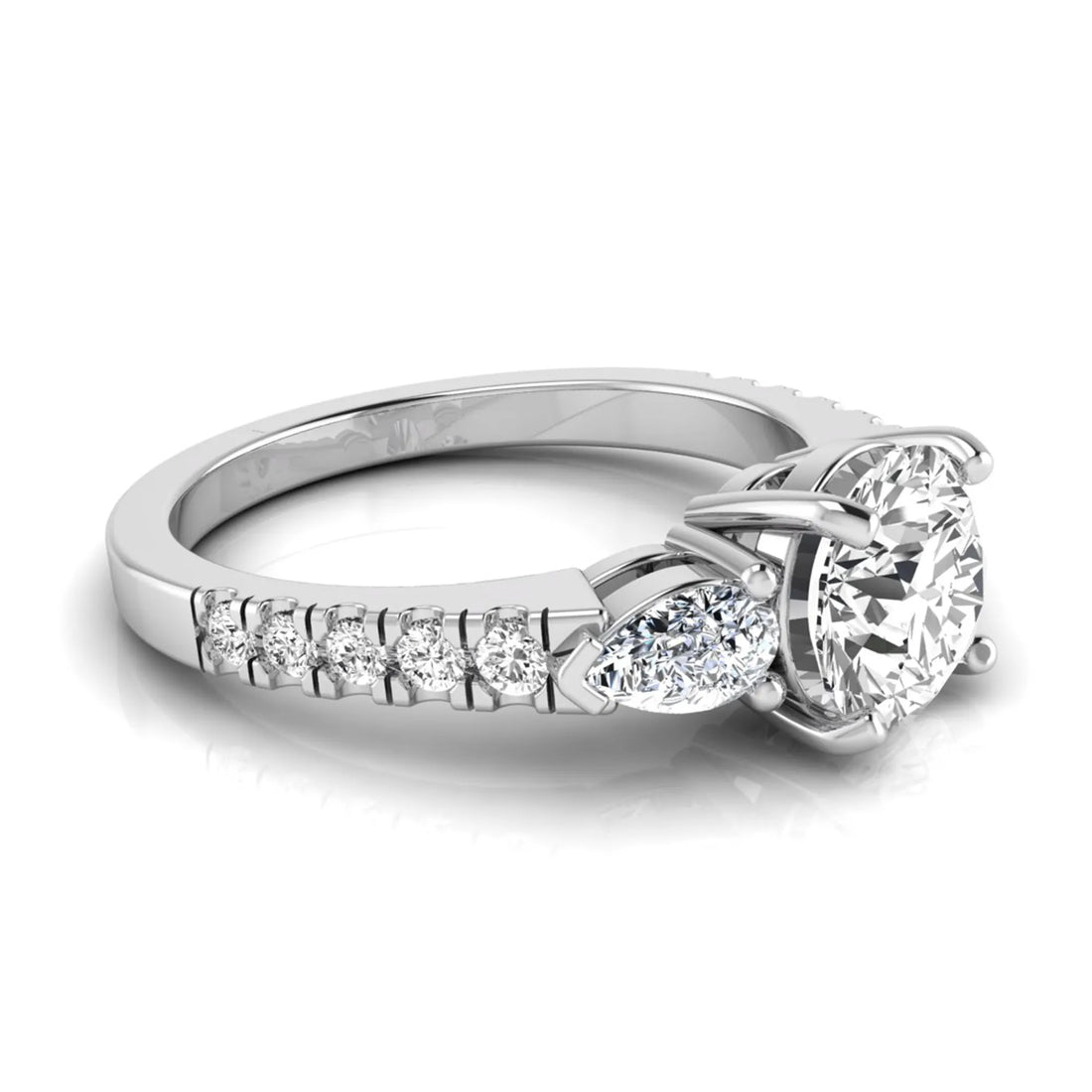 OctaPearl 1.5 ct Round Three Stone Lab Grown Diamond Engagement Ring with Pear Side Diamonds