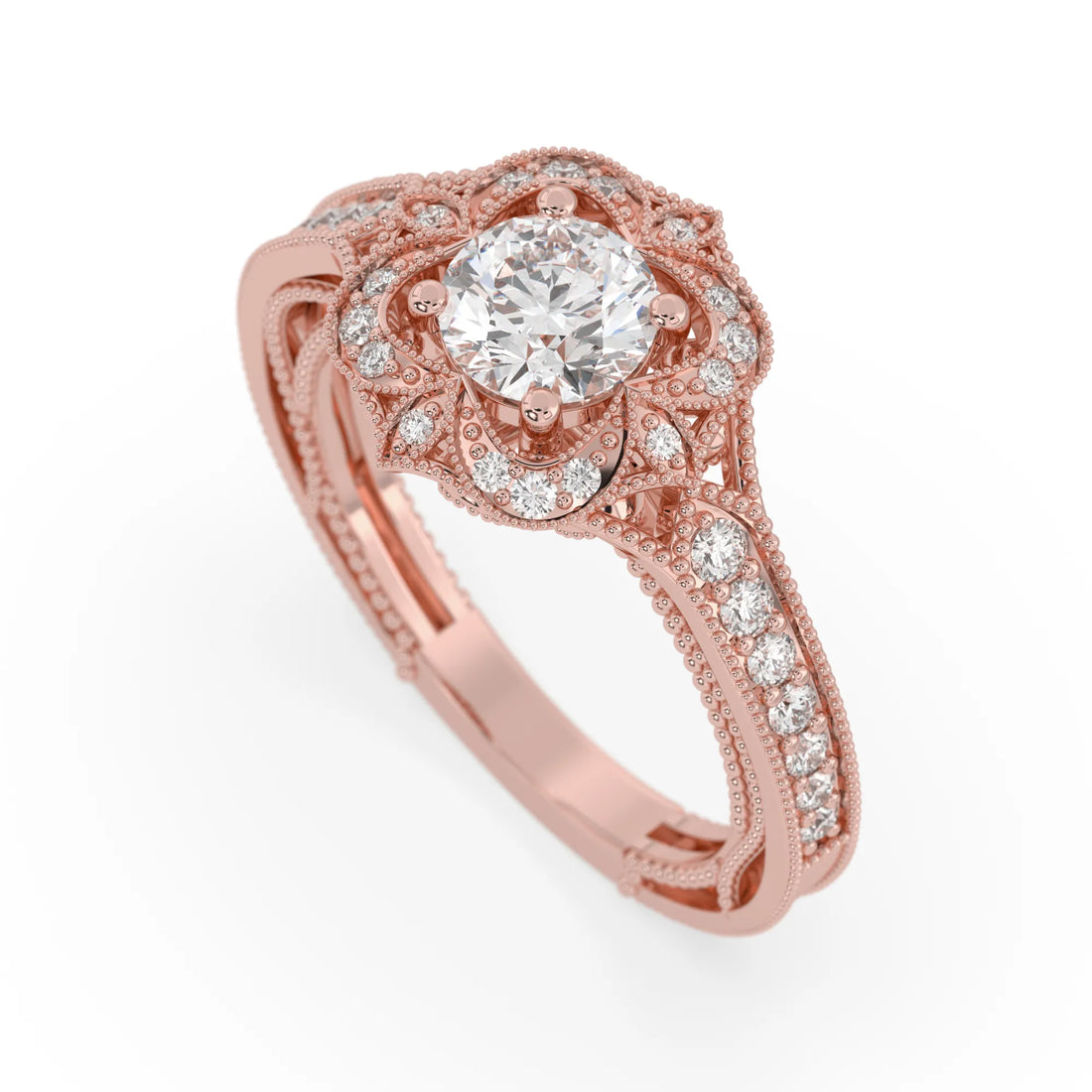 OctaPearl 1.00 ct Round Vintage Halo Lab Grown Diamond Pave Engagement Ring