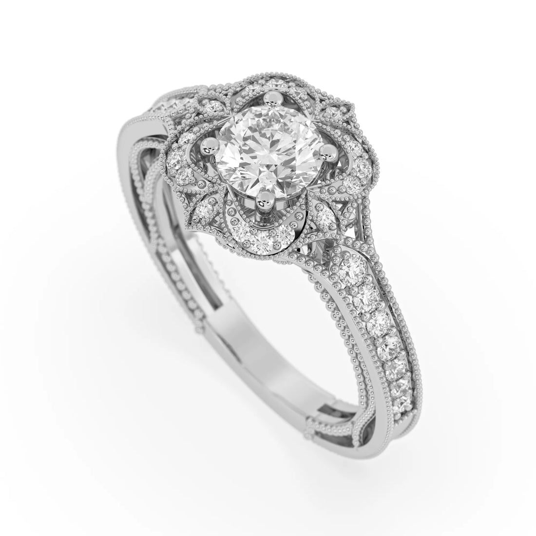 OctaPearl 1.00 ct Round Vintage Halo Lab Grown Diamond Pave Engagement Ring