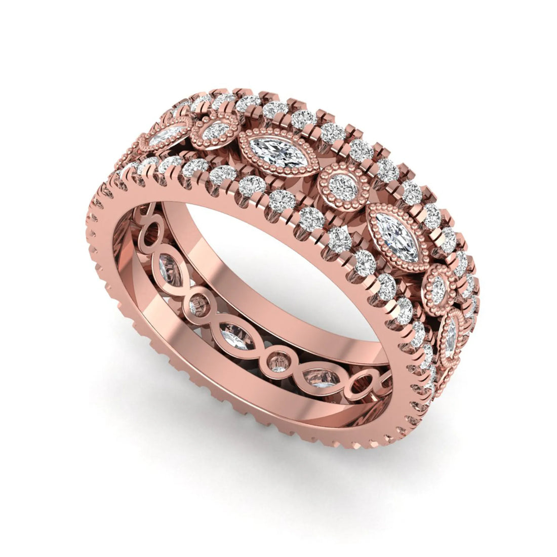 OctaPearl Three Piece Vintage Pave Band Lab Grown Diamond Wedding Bridal Ring Set