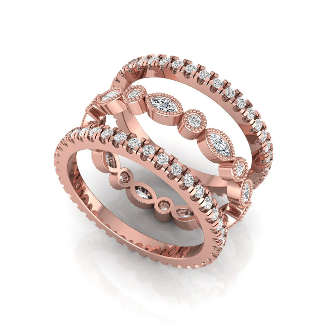 OctaPearl Three Piece Vintage Pave Band Lab Grown Diamond Wedding Bridal Ring Set
