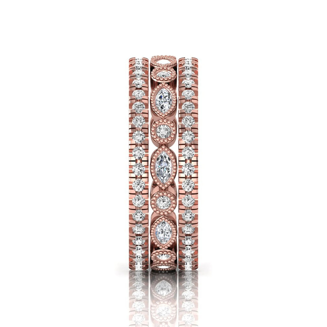 OctaPearl Three Piece Vintage Pave Band Lab Grown Diamond Wedding Bridal Ring Set