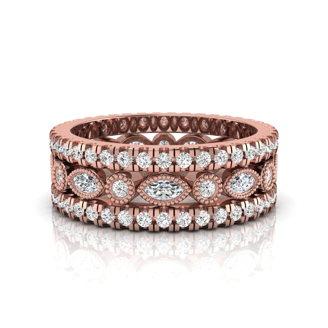 OctaPearl Three Piece Vintage Pave Band Lab Grown Diamond Wedding Bridal Ring Set