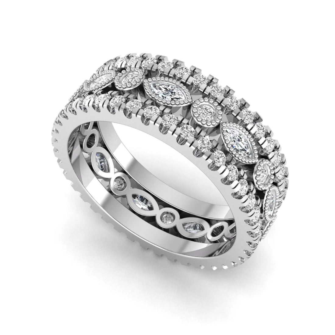 OctaPearl Three Piece Vintage Pave Band Lab Grown Diamond Wedding Bridal Ring Set