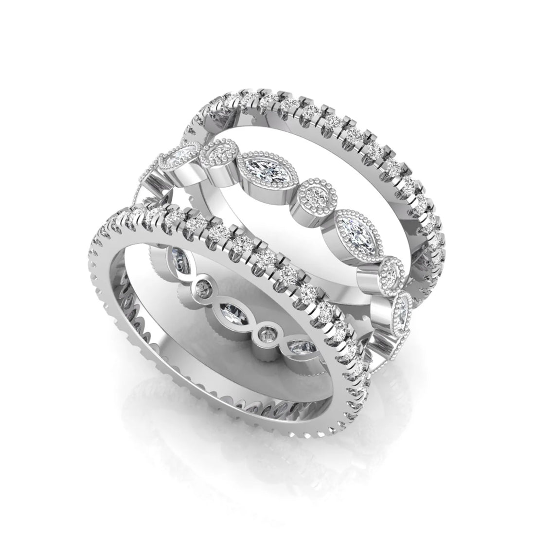 OctaPearl Three Piece Vintage Pave Band Lab Grown Diamond Wedding Bridal Ring Set