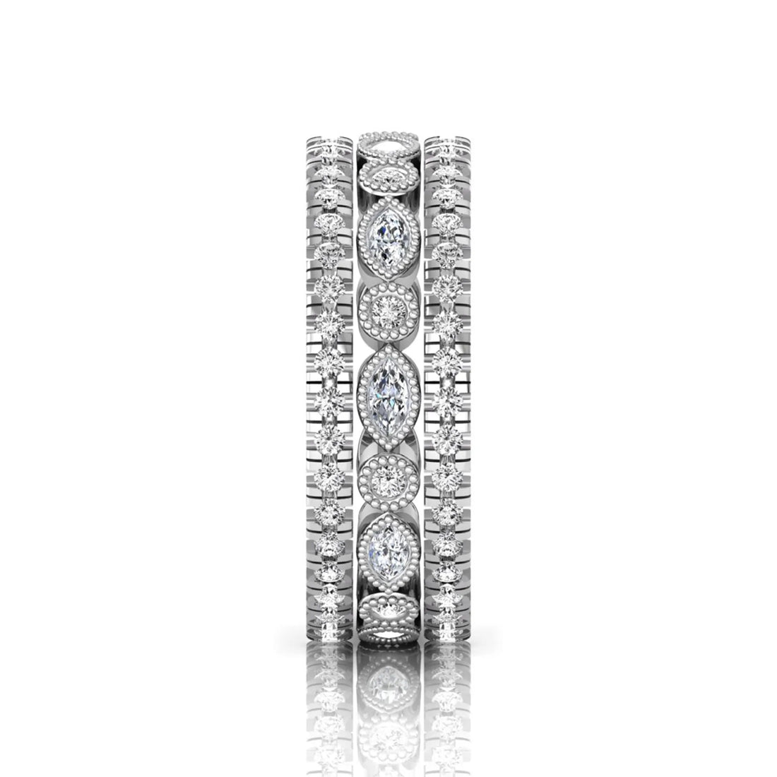 OctaPearl Three Piece Vintage Pave Band Lab Grown Diamond Wedding Bridal Ring Set