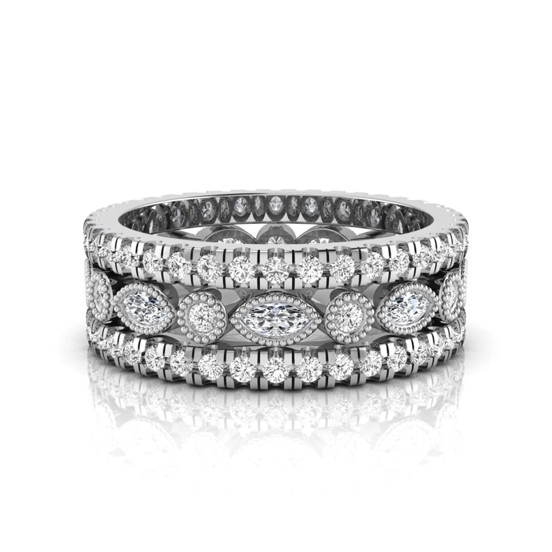 OctaPearl Three Piece Vintage Pave Band Lab Grown Diamond Wedding Bridal Ring Set