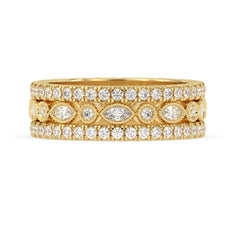 OctaPearl Three Piece Vintage Pave Band Lab Grown Diamond Wedding Bridal Ring Set
