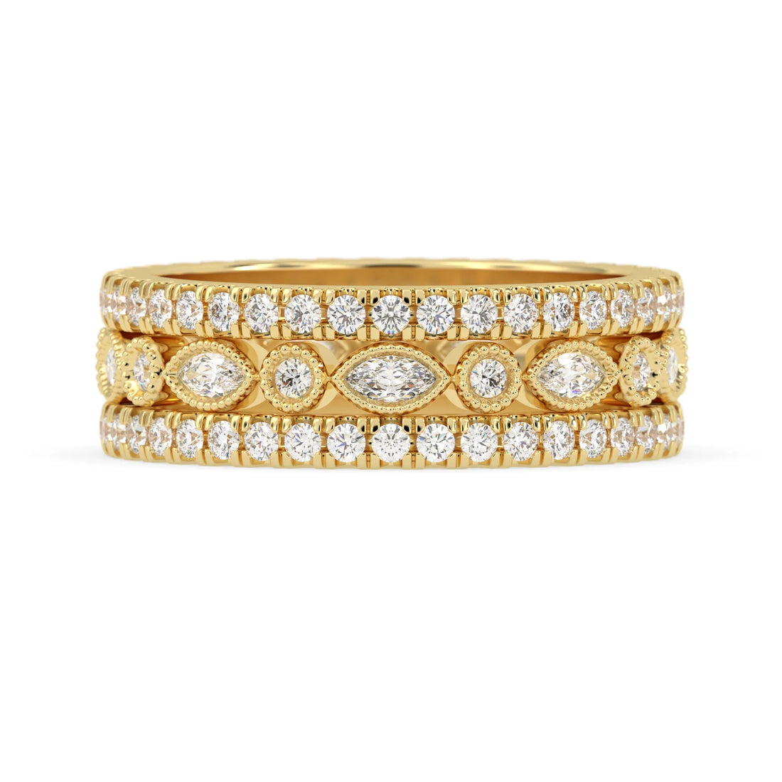 OctaPearl Three Piece Vintage Pave Band Lab Grown Diamond Wedding Bridal Ring Set