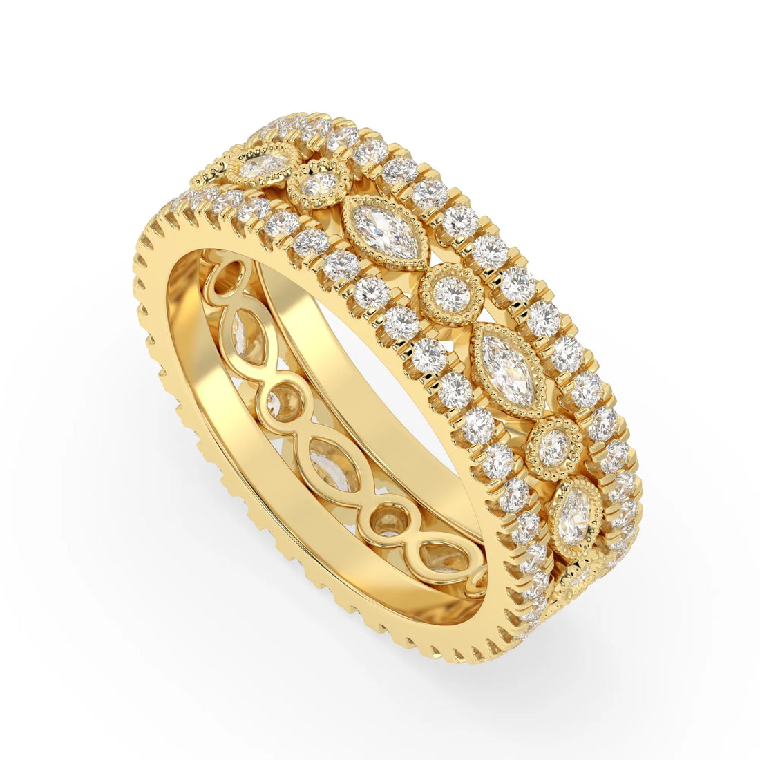 OctaPearl Three Piece Vintage Pave Band Lab Grown Diamond Wedding Bridal Ring Set