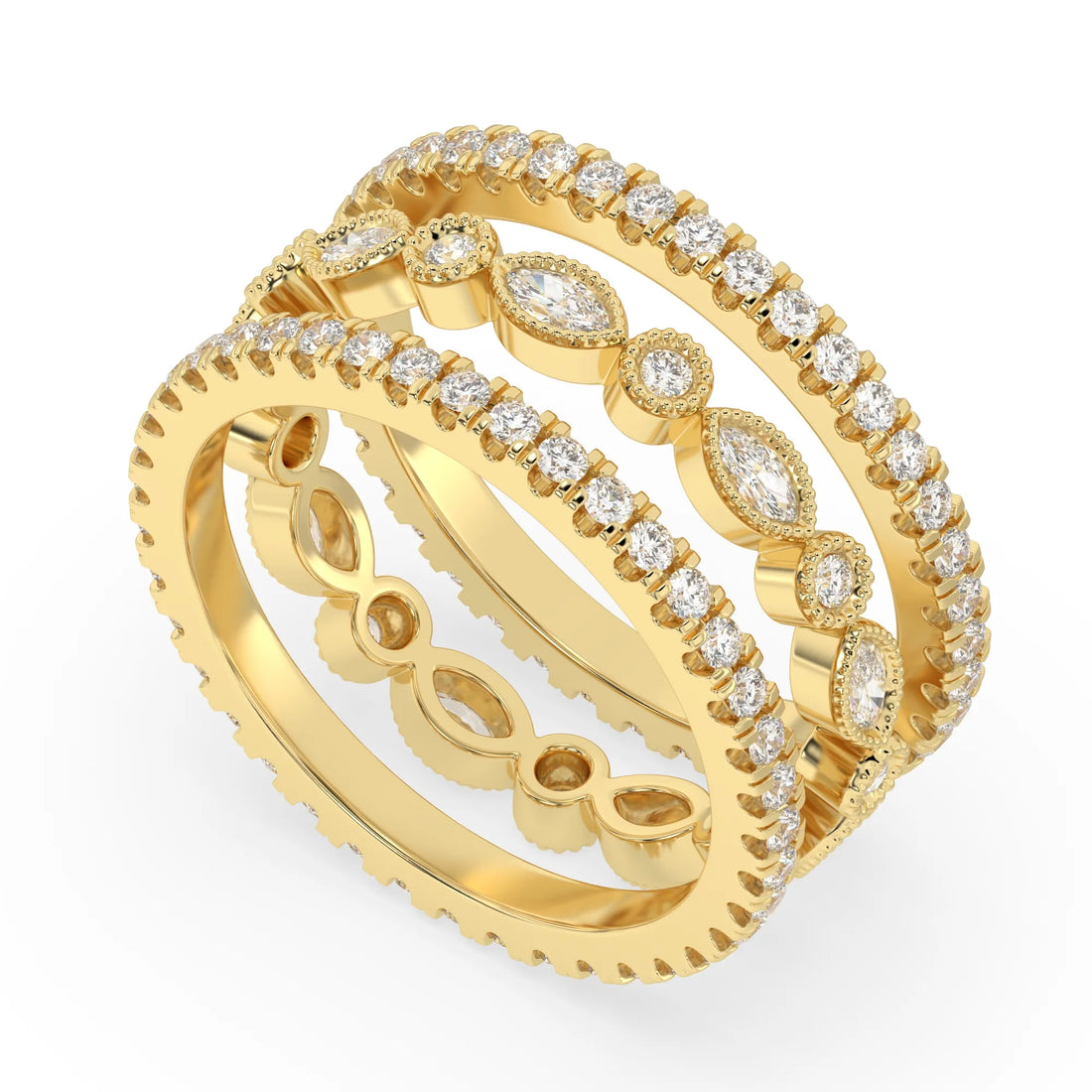 OctaPearl Three Piece Vintage Pave Band Lab Grown Diamond Wedding Bridal Ring Set