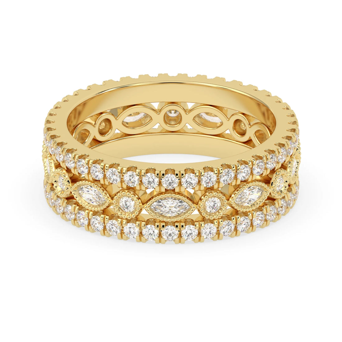 OctaPearl Three Piece Vintage Pave Band Lab Grown Diamond Wedding Bridal Ring Set