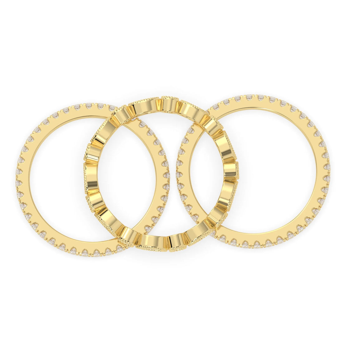 OctaPearl Three Piece Vintage Pave Band Lab Grown Diamond Wedding Bridal Ring Set