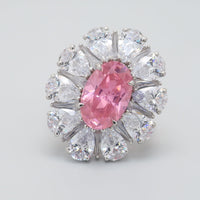 Baby Pink Oval With White Pear Cut CZ Stone Floral Inspire Cocktail Ring For Mother's Day Gift