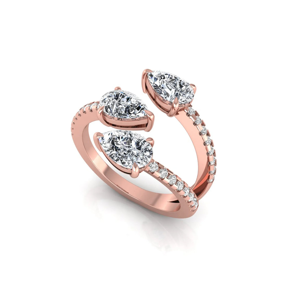 OctaPearl Pear Three Stone Open Gap Lab Grown Diamond Bypass Pave Ring