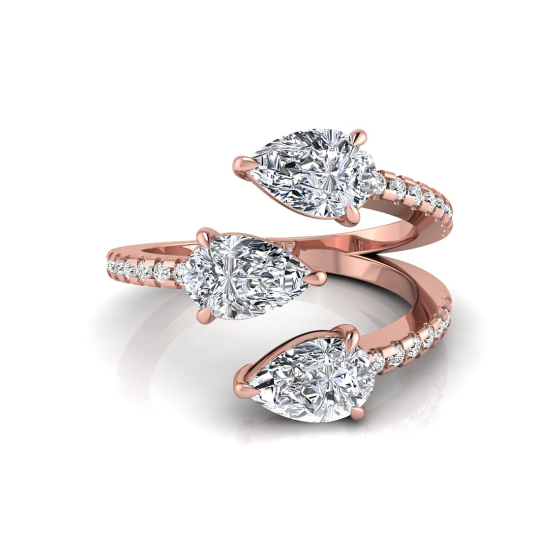 OctaPearl Pear Three Stone Open Gap Lab Grown Diamond Bypass Pave Ring
