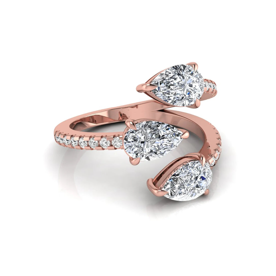 OctaPearl Pear Three Stone Open Gap Lab Grown Diamond Bypass Pave Ring