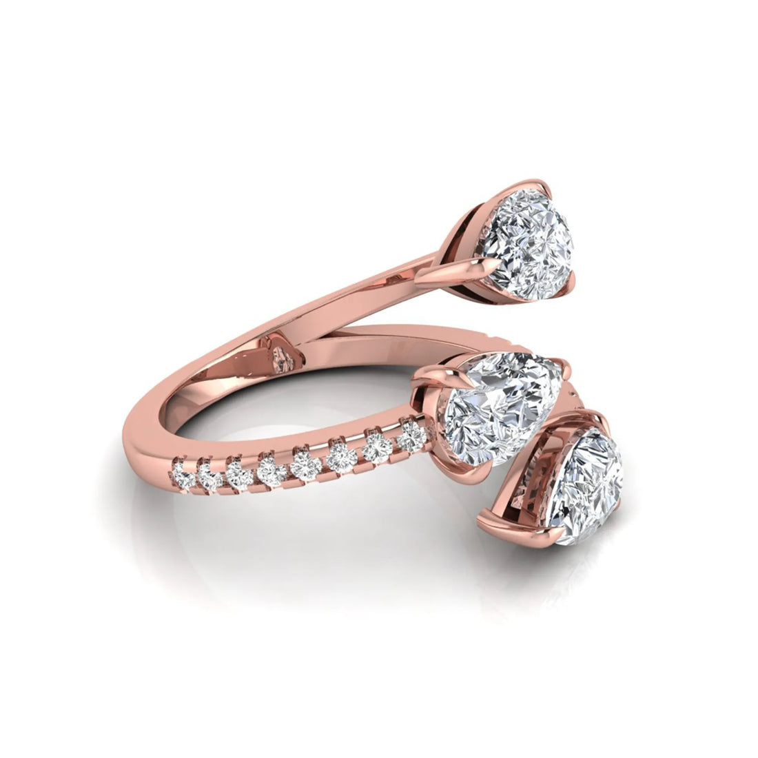 OctaPearl Pear Three Stone Open Gap Lab Grown Diamond Bypass Pave Ring
